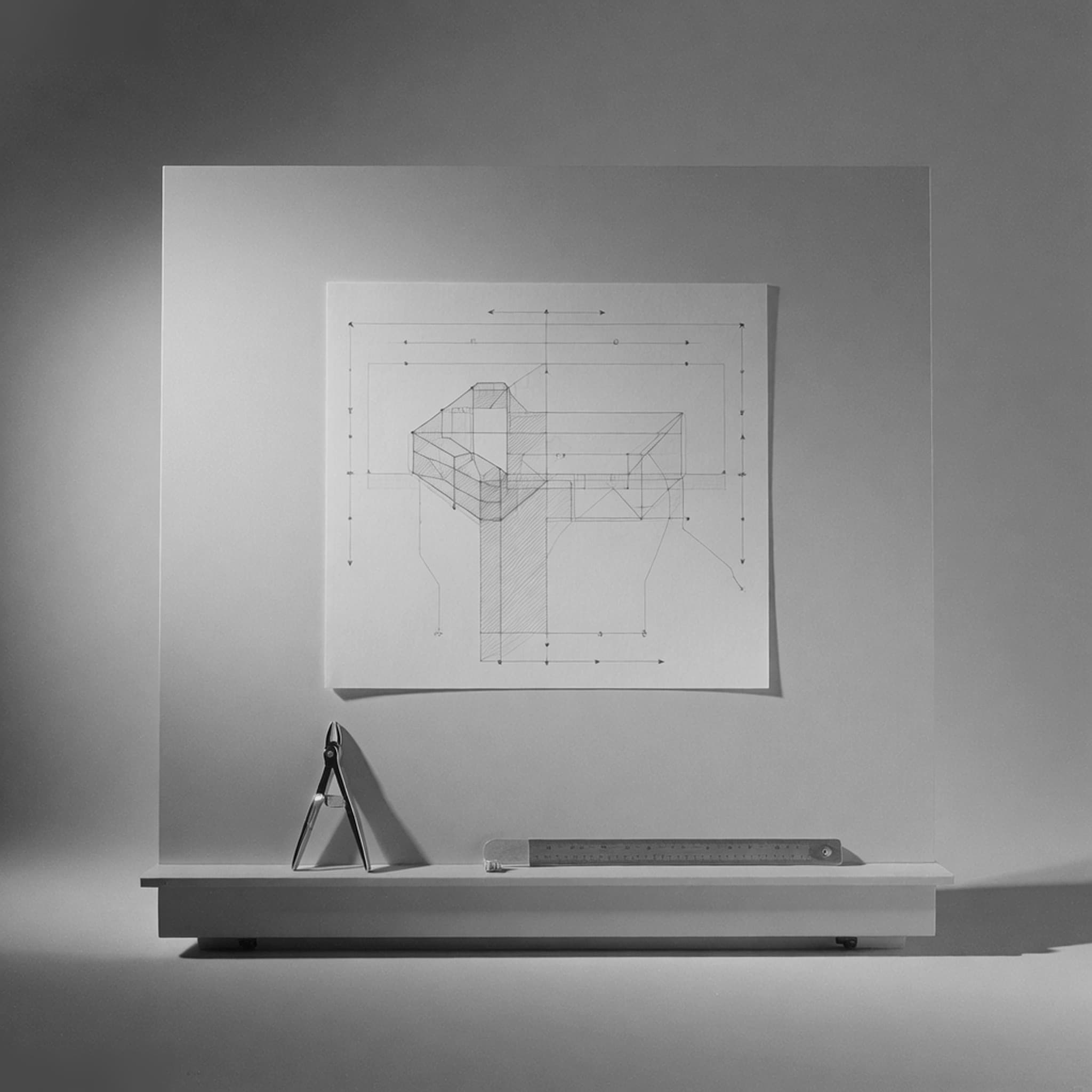 A drafting board holding a half-finished orthographic engineering drawing, with steel dividers and a scale rule resting on its ledge