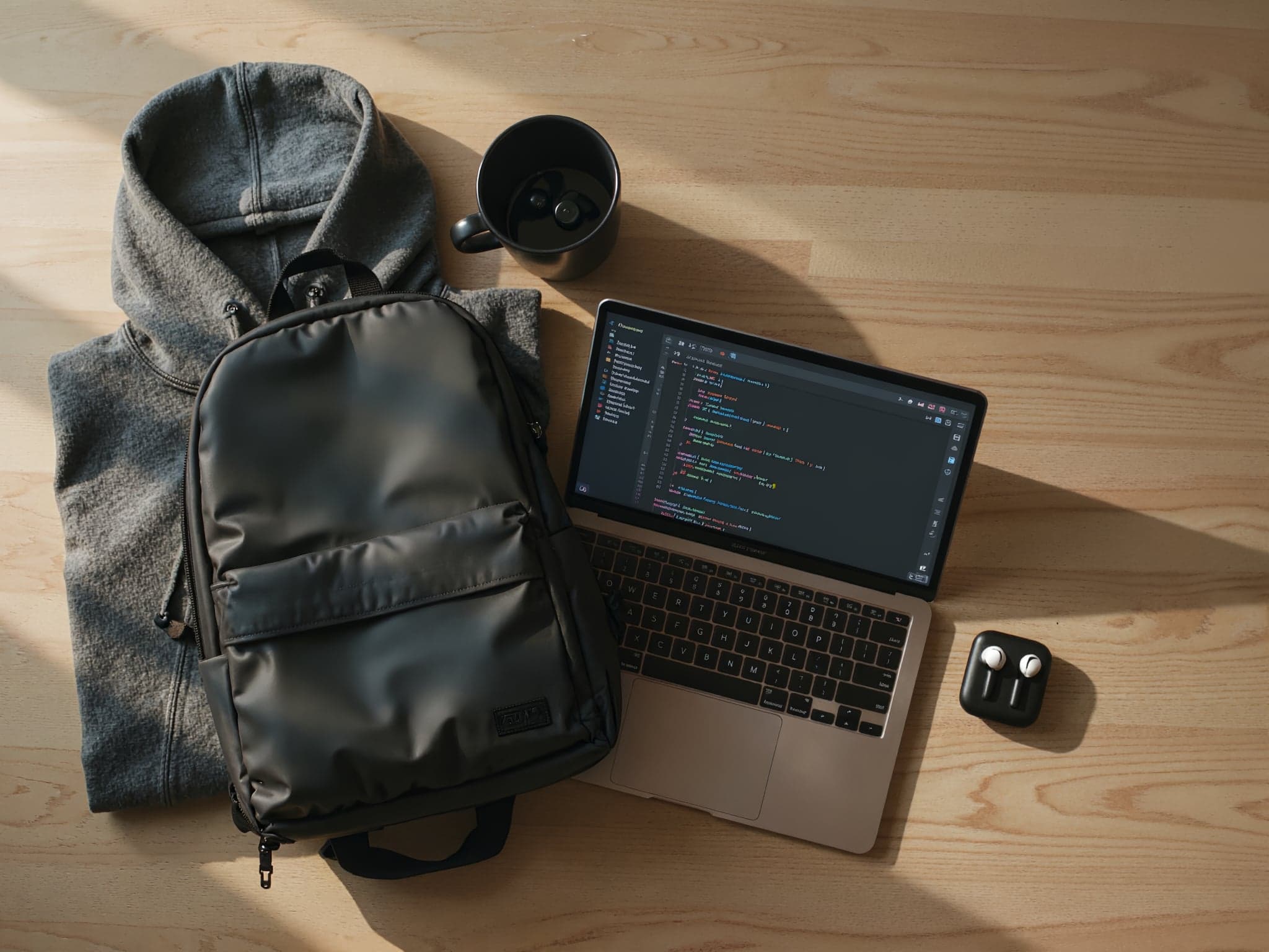 A DevLabs backpack, hoodie and mug arranged on a wooden desk beside an open laptop
